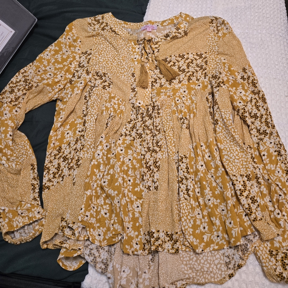 Floral Mustard Yellow Pink Lily Blouse